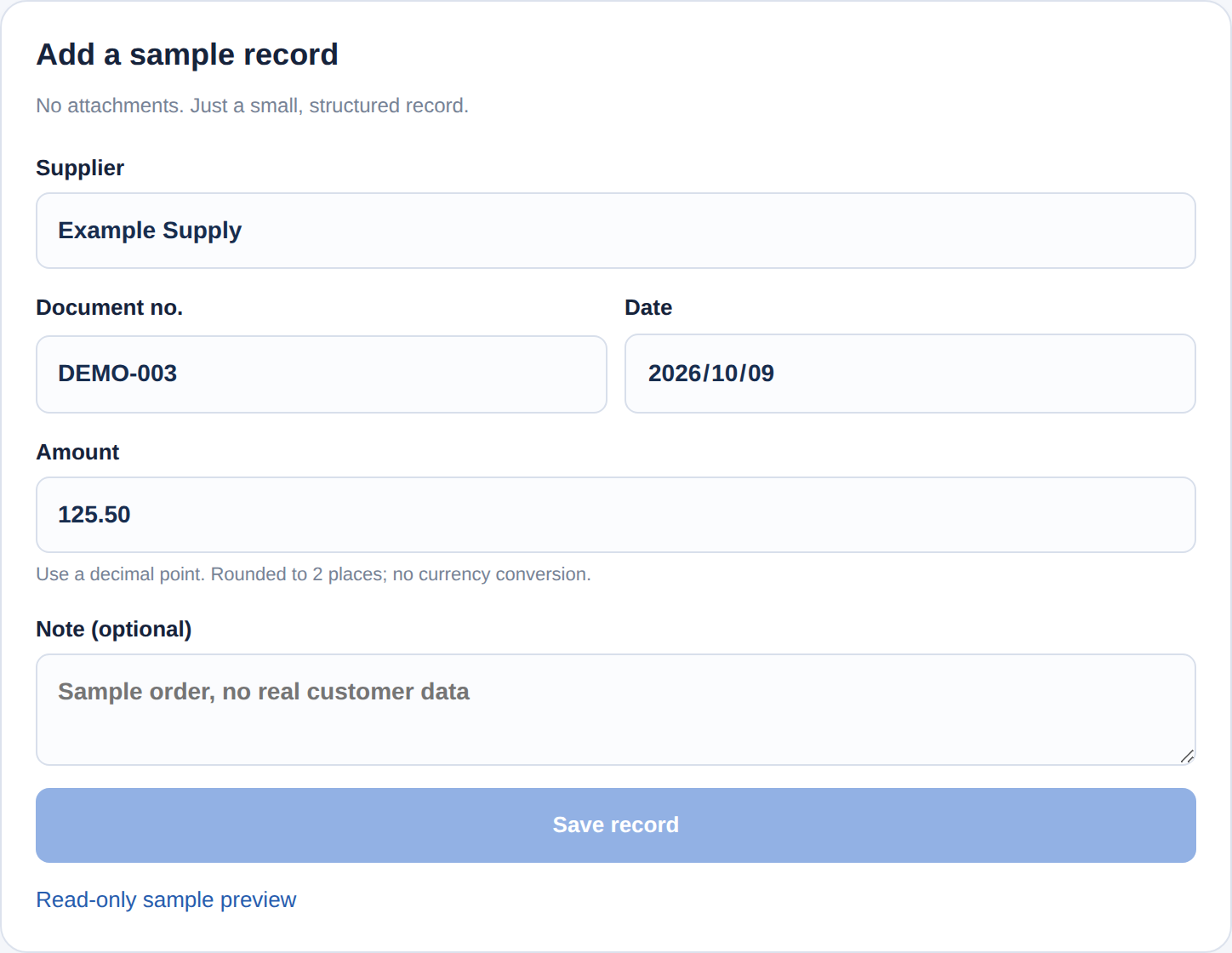 Enter a fictional document, supplier, date and amount.