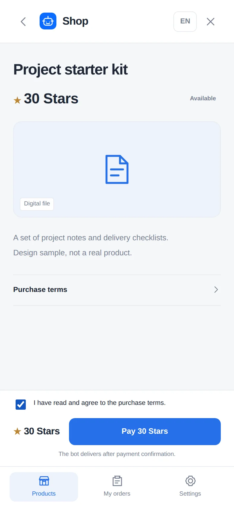 Shop product screen with product details, Stars price and purchase button