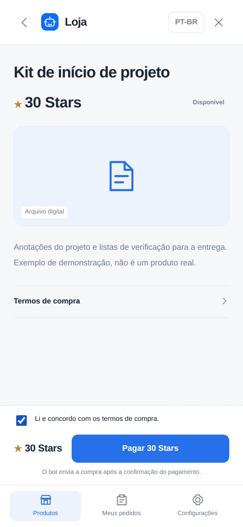 Tela de produto da loja com detalhes, preço em Stars e botão de compra