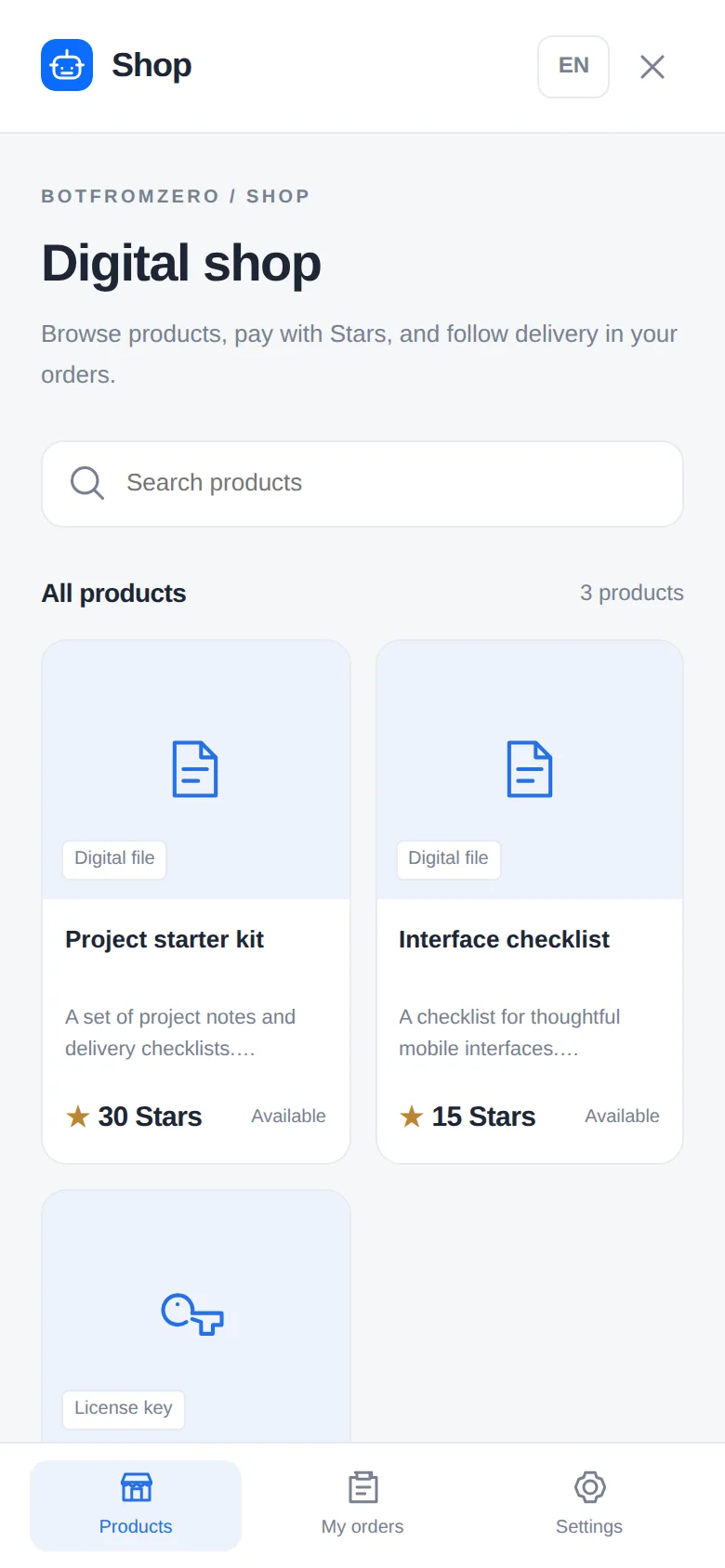 Shop catalog with products and search