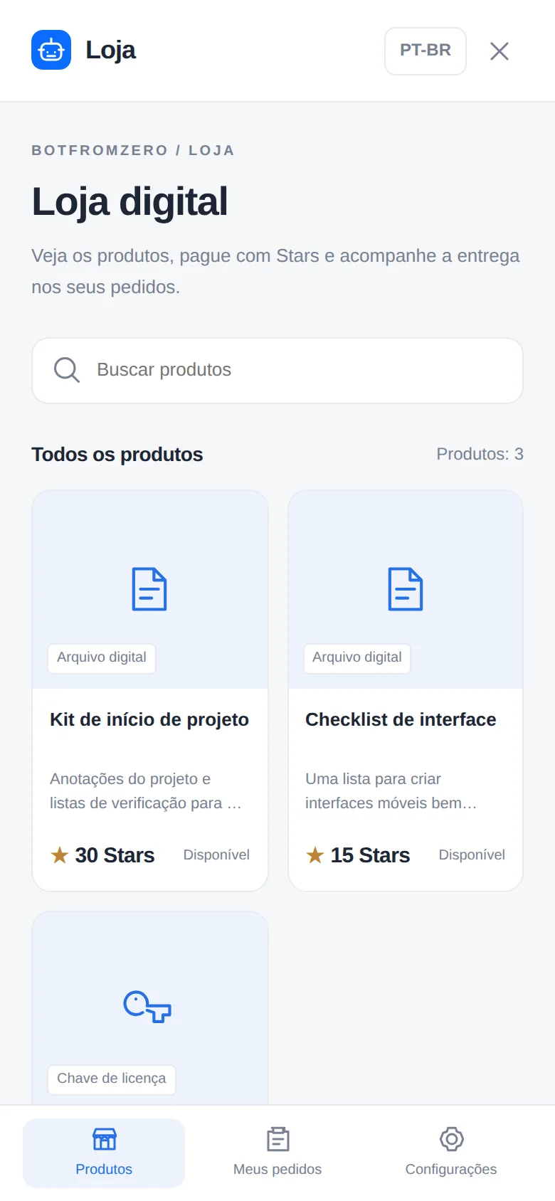 Catálogo da loja com produtos e busca