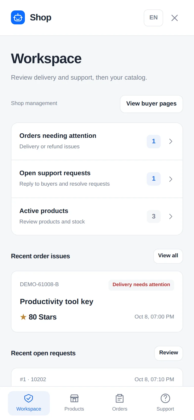 Shop workspace with order issues, support requests and catalog tools