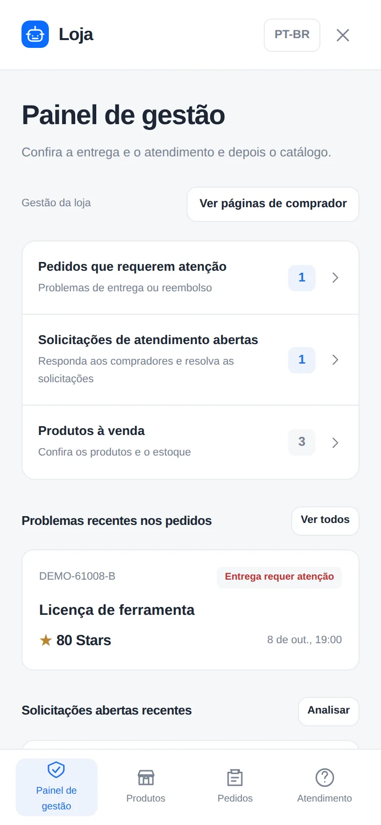 Área de gestão da loja com problemas em pedidos, solicitações de suporte e ferramentas do catálogo